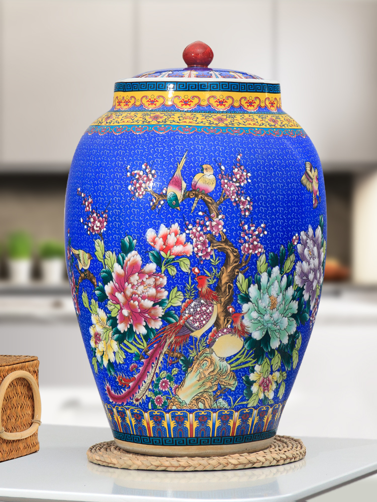 Jingdezhen ceramic with cover barrel ricer box 20 jins 30 jins 50 kg pack household moistureproof cylinder tank rice storage tank