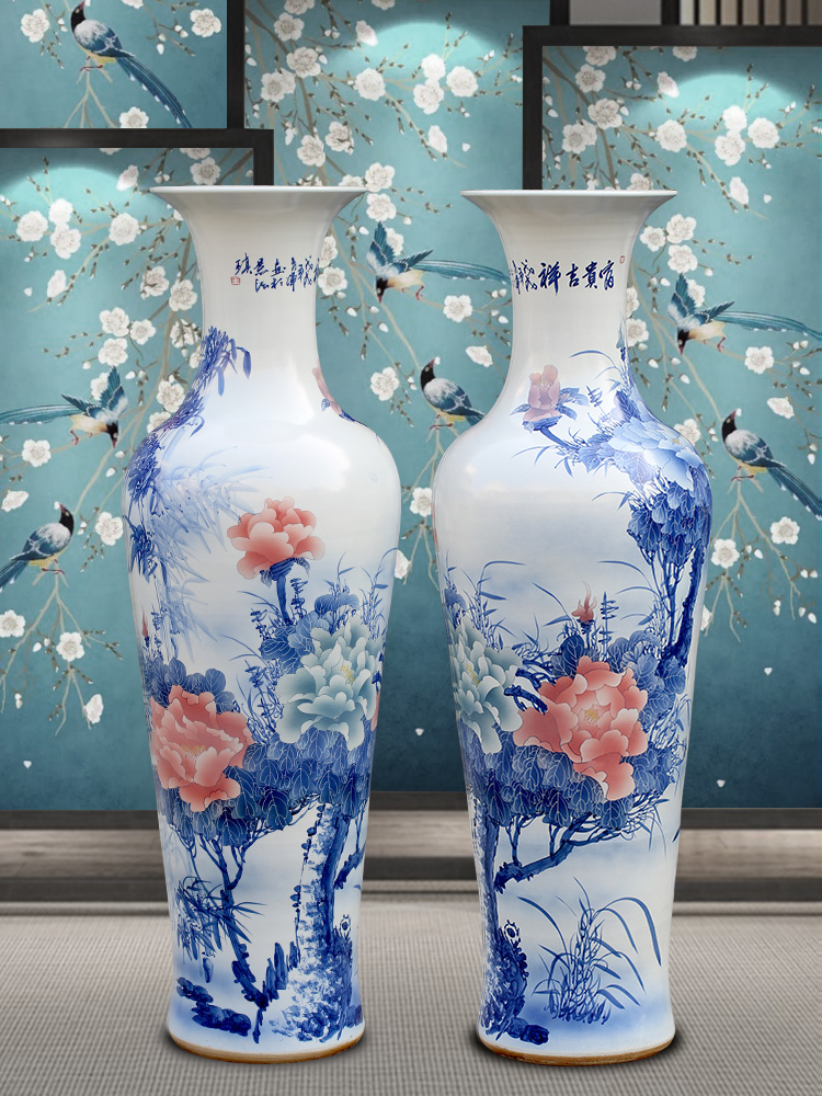 Jingdezhen blue and white ceramics hand - made peony landing big vase home sitting room adornment hotel furnishing articles