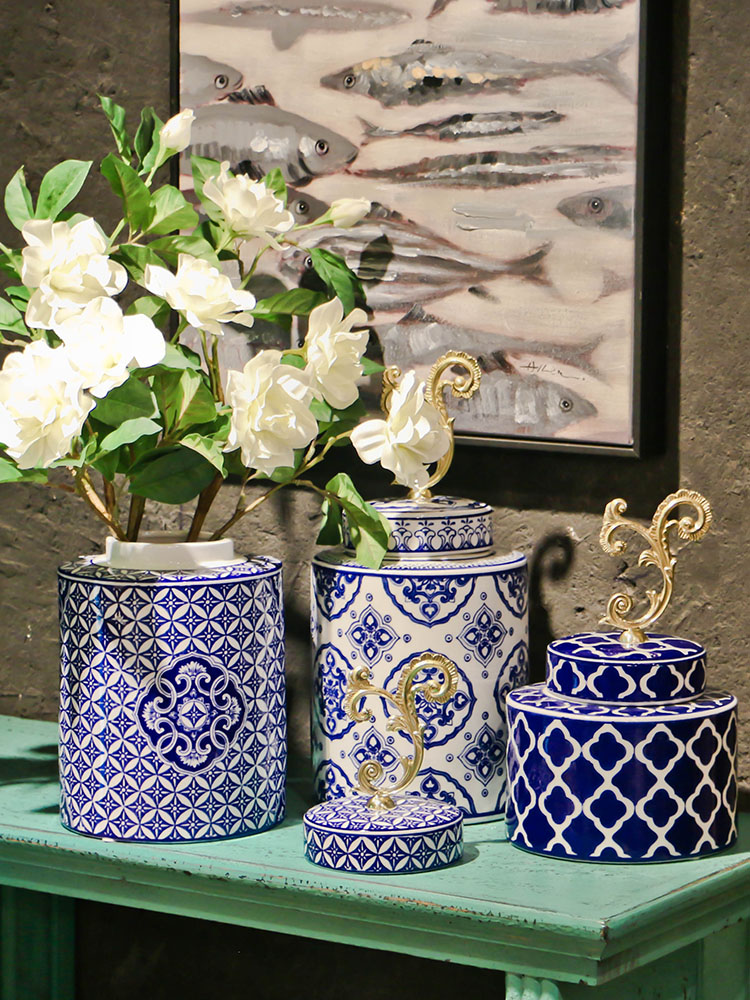 Ou shigu circle of blue and white porcelain jar of new Chinese style TV cabinet table home flower arranging soft adornment ceramics furnishing articles