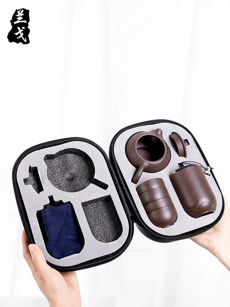 Travel having purple sand tea set suit household small sets of kung fu tea cups ceramic accessories portable package crack cup the teapot