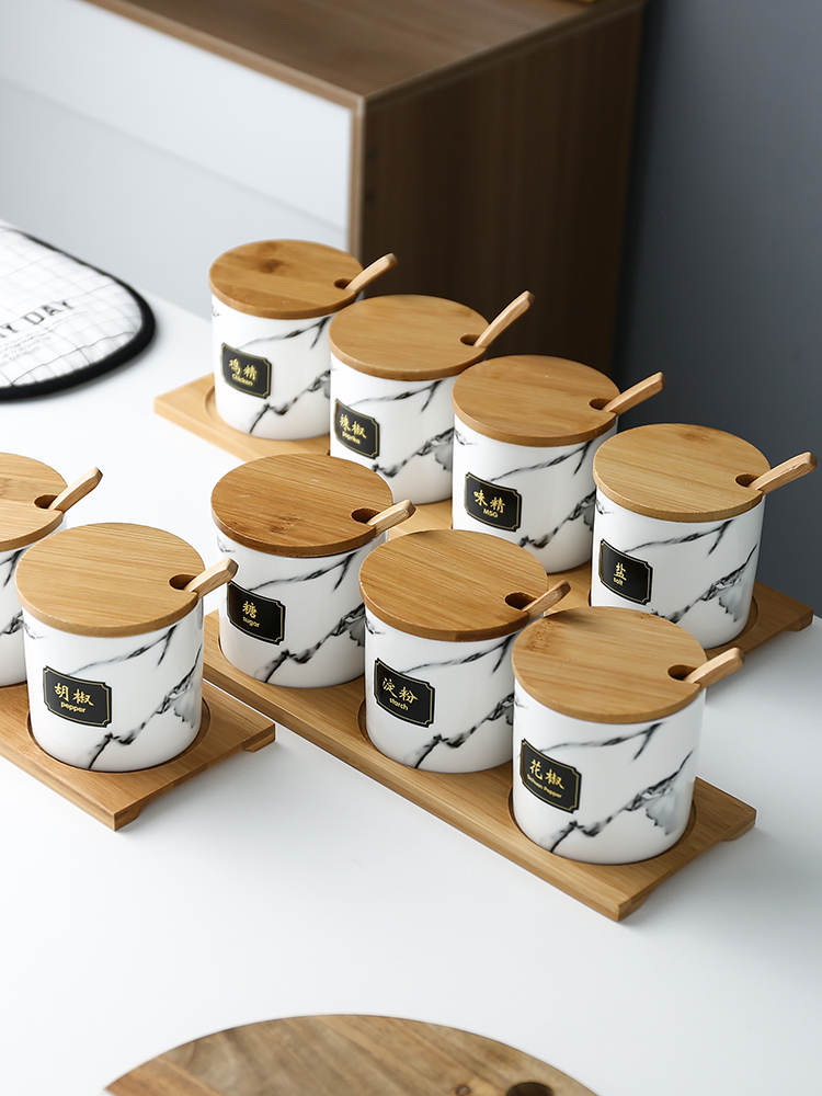 Nordic ceramic kitchen condiment box to receive box seasoning box household salt monosodium glutamate sugar pot combination in seasoning jar of suit