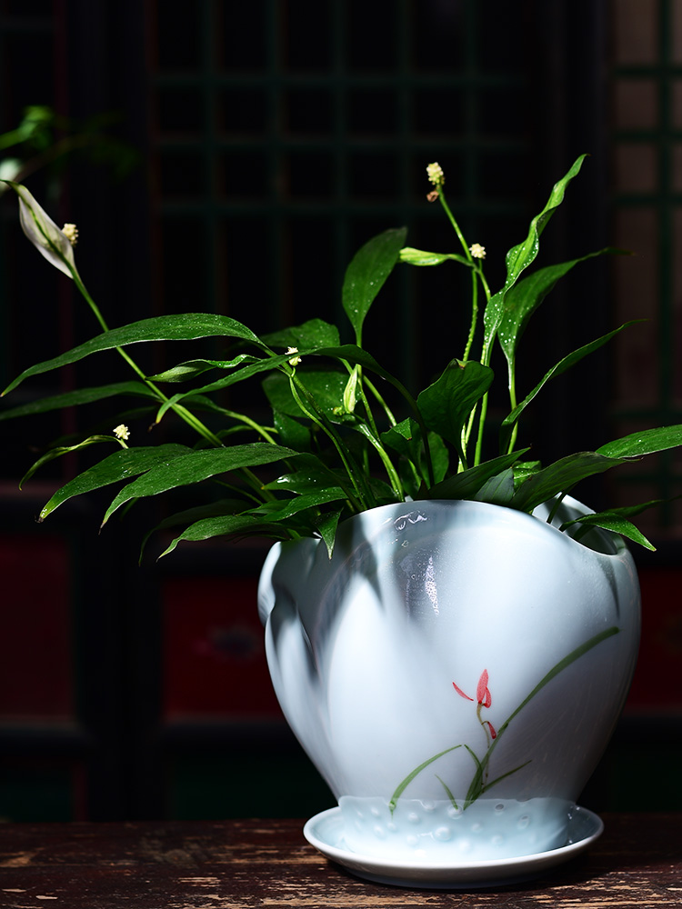 Ceramic POTS with extra large tray was contracted household indoor green, the plants money plant flowers, potted orchids get rich tree