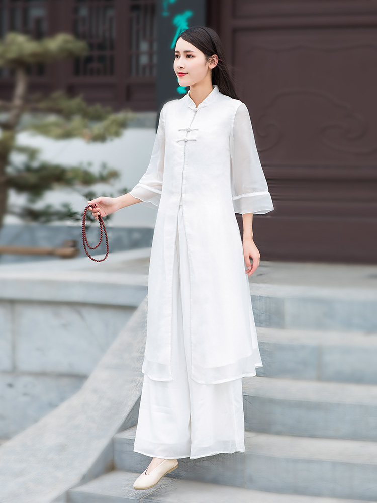 Summer Zen tea service literary retro Hanfu female suit Chinese style ethnic improved cheongsam two-piece dress