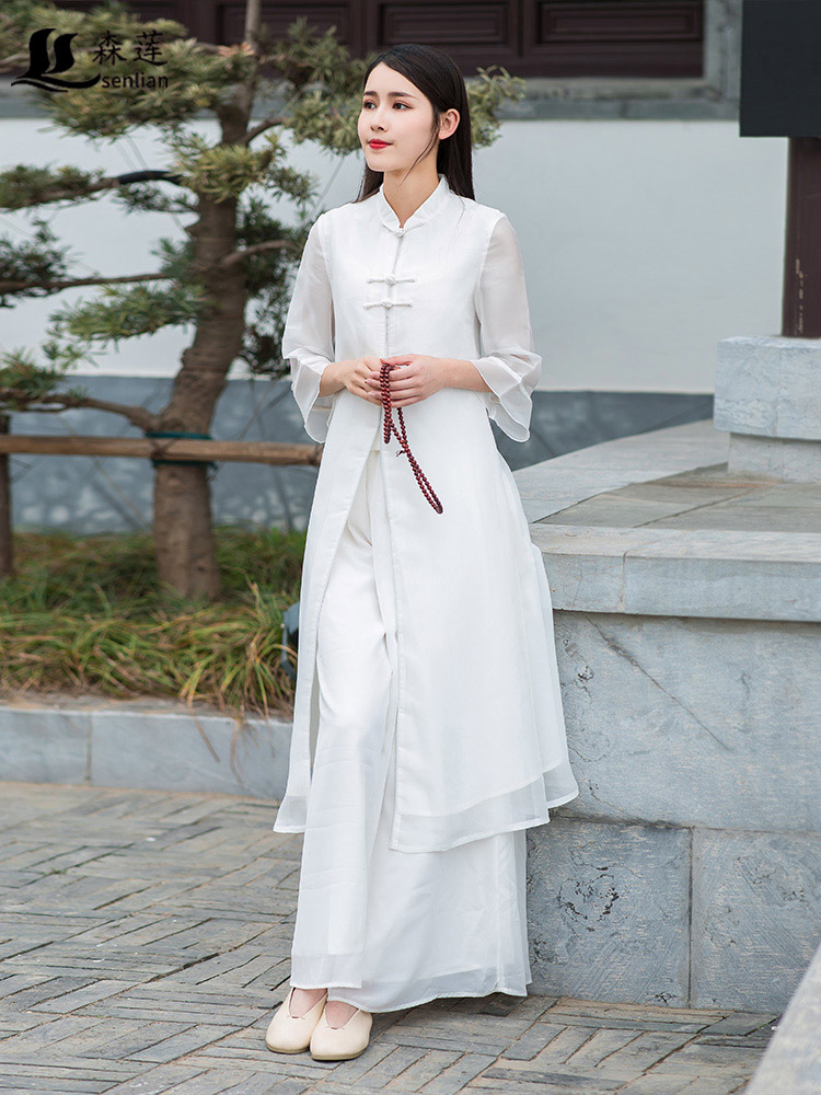Summer Zen tea service literary retro Hanfu female suit Chinese style ethnic improved cheongsam two-piece dress