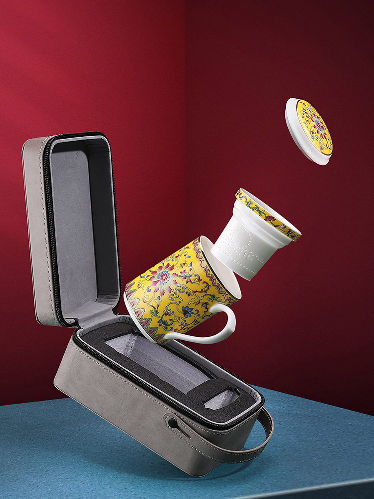 Jingdezhen colored enamel glass ceramic filter cup three - piece office personal special glass suits for the to travel