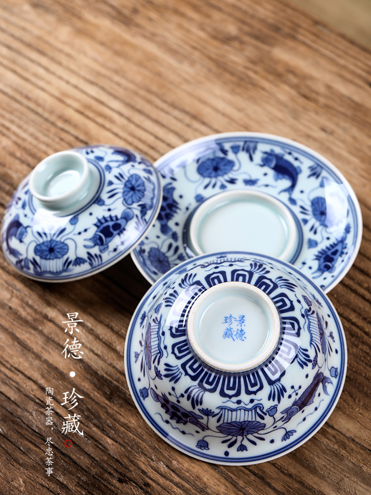 Blue and white, don 't hot tureen tea cups large three single pure manual jingdezhen archaize fish algae grain tea