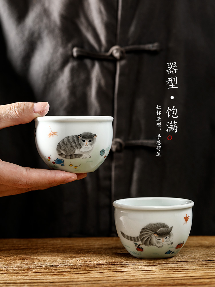 Jingdezhen tea master kung fu tea cup single cup of pure manual hand - made the cat ceramic bowl sample tea cup only