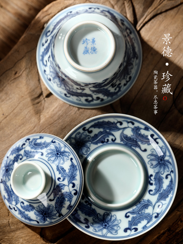 Pure manual three tureen teacup only a single tea bowl of jingdezhen blue and white hand draw lotus flower large kung fu tea set