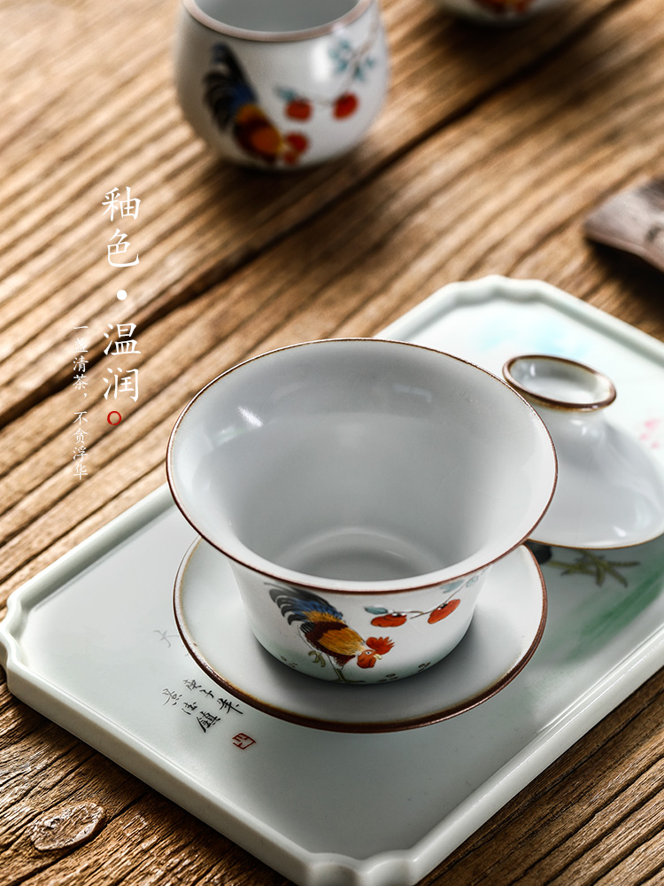 Pure manual only three tureen hand your up jingdezhen tea bowl large chicken hot Chinese zodiac kung fu tea set