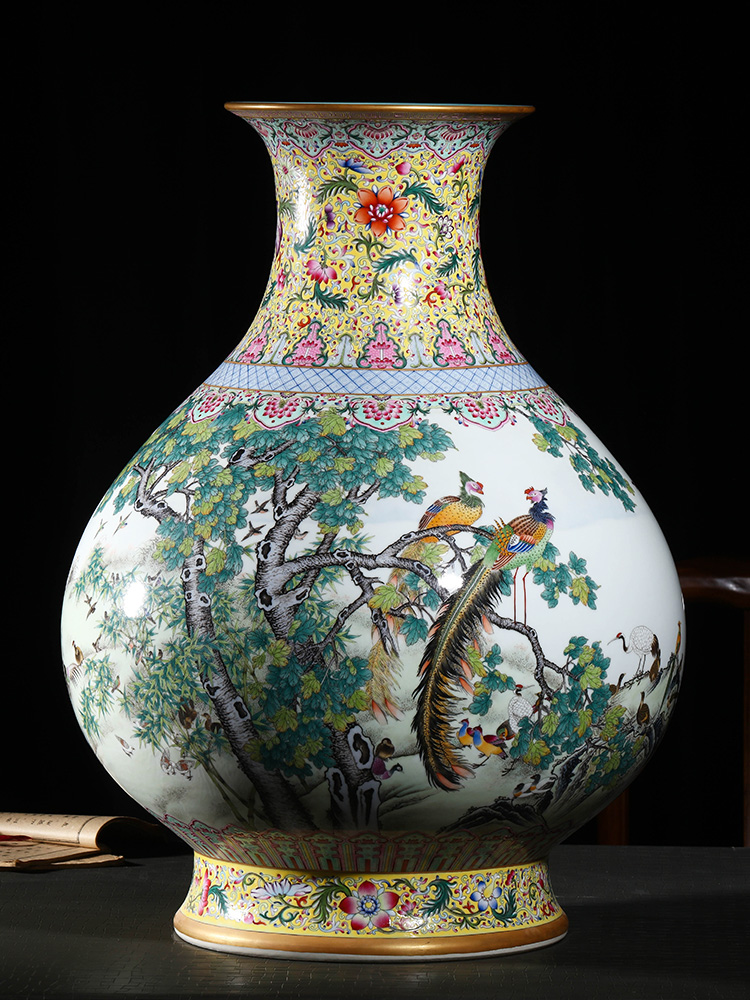 Jingdezhen ceramic vase landing YangShiQi hand - made yellow medallion in pastel birds pay homage to the king okho spring bottle furnishing articles