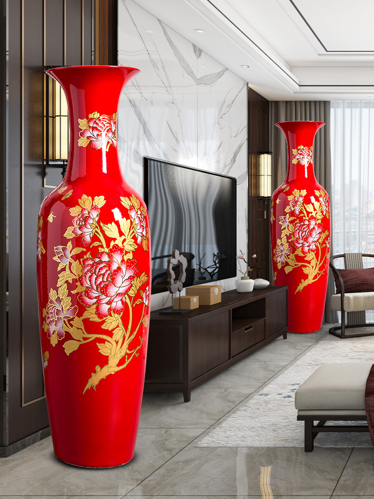 Jingdezhen ceramics big vase red blooming flowers sitting room ground adornment furnishing articles to heavy large number for the opening