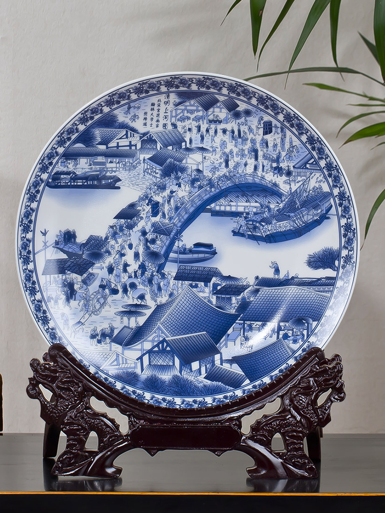 Furnishing articles of pottery and porcelain porcelain plate long blue and white porcelain decoration plate flowers hang dish modern fashionable Chinese style household decoration plate