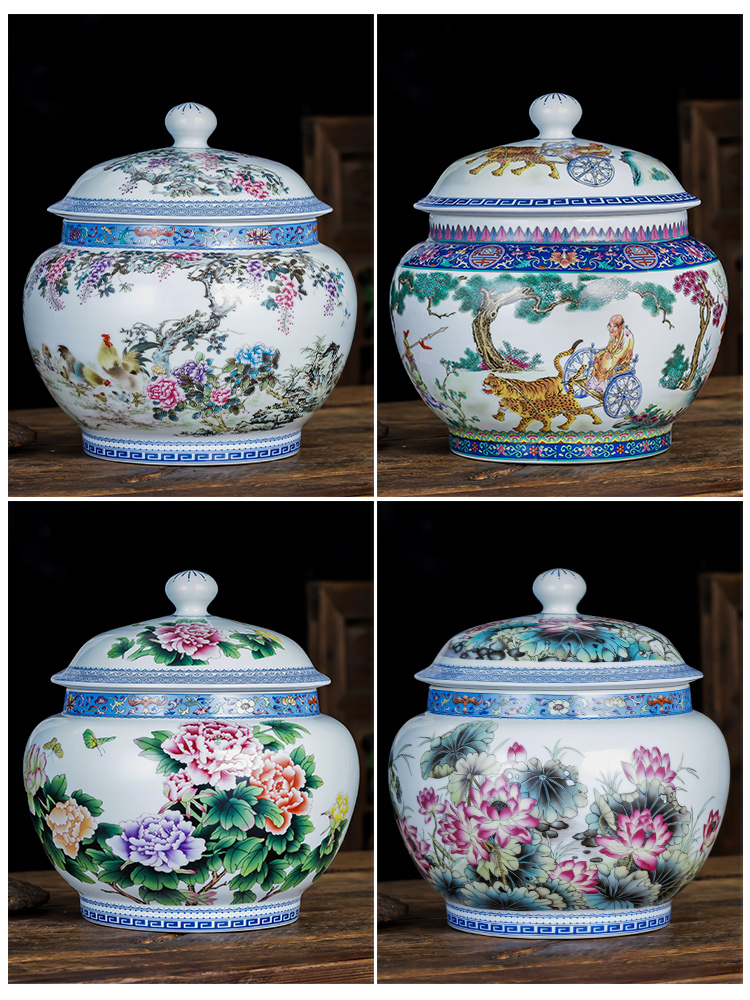 Archaize of jingdezhen ceramics powder enamel tea pot with cover large seal moisture puer tea cake storage jar