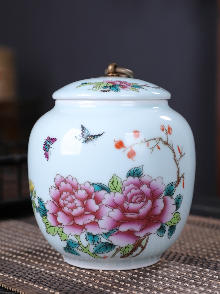 Portable ceramic pu 'er tea pot store receives the peony storage tank size tea boxes sealed as cans