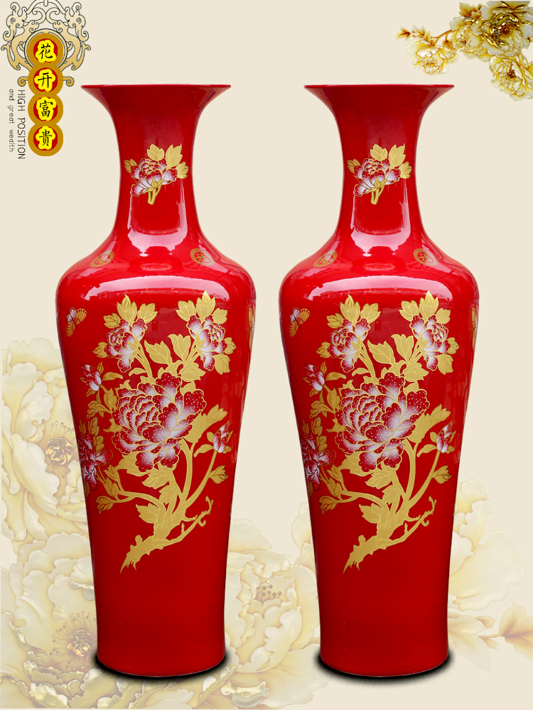 Jingdezhen chinaware bottle of Chinese red Mosaic gold peony flowers prosperous landing big vase hotel living room furnishing articles