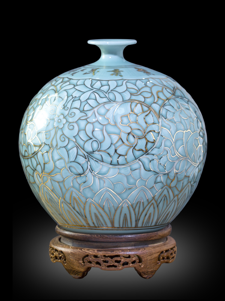 Jingdezhen porcelain vases carved blue glaze hand - made paint home sitting room of new Chinese style flower adornment furnishing articles