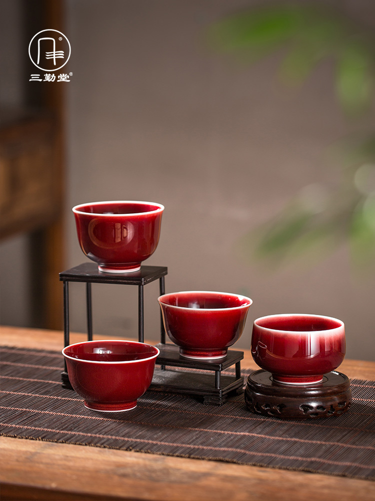 Three frequently hall tea ruby red single glaze teacup masters cup and cup of jingdezhen ceramic kung fu tea set lang up red