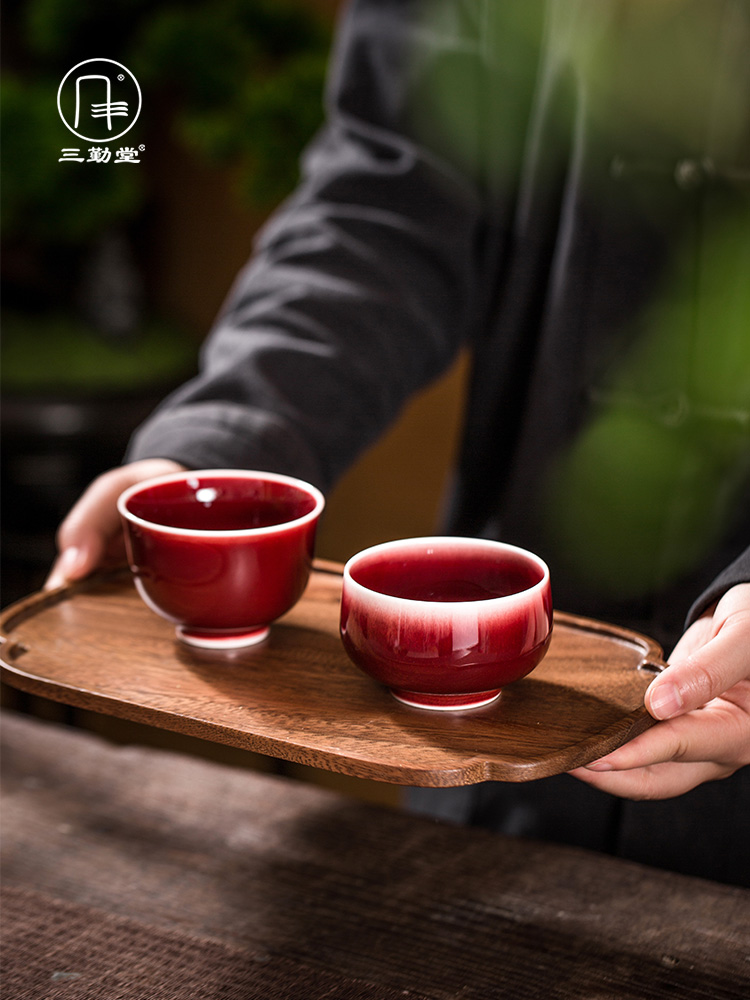 Three frequently hall tea ruby red single glaze teacup masters cup and cup of jingdezhen ceramic kung fu tea set lang up red