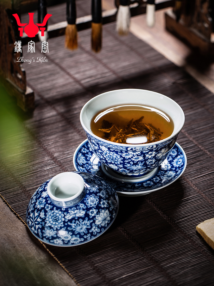Clock home up tureen jingdezhen blue and white maintain full manual hand - made spend three to make tea tureen kunfu tea bowl