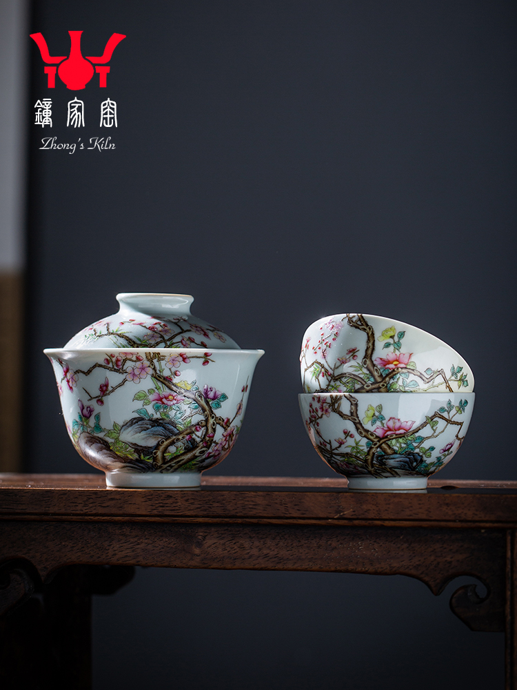 Clock home jingdezhen up tureen tea cup set manual tea colored enamel high - end prosperous flower is a tureen two cup