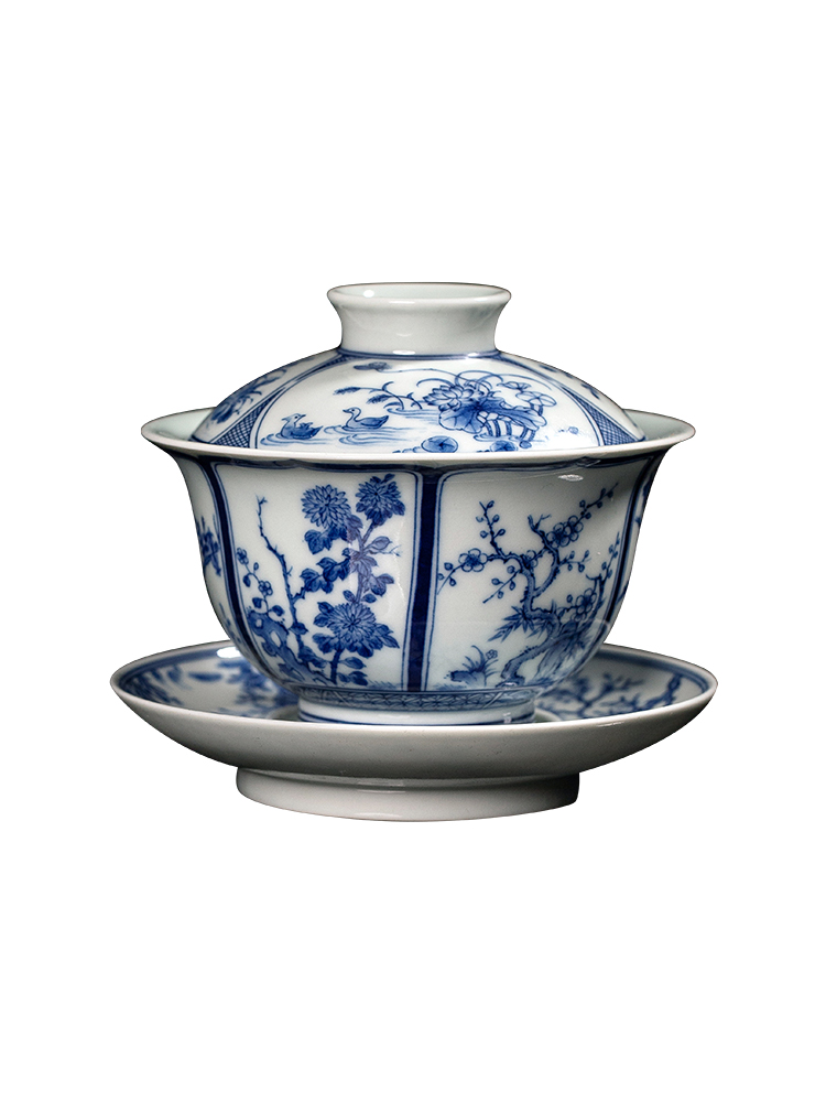 Clock home up jingdezhen blue and white maintain high - end tureen cup tea tureen to use classic hand - drawn twelve flora