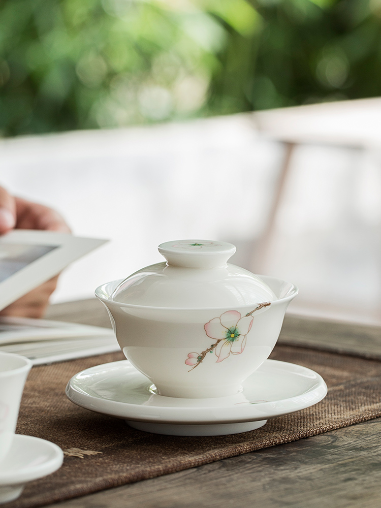 Dehua white porcelain craft tureen ceramic cups three home worship the bowl to bowl kung fu tea pu 'er tea