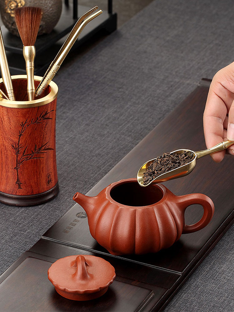 Morning high tea six gentleman 's real wood ebony suit pure copper kung fu tea accessories knife brush pot of tea tea clip