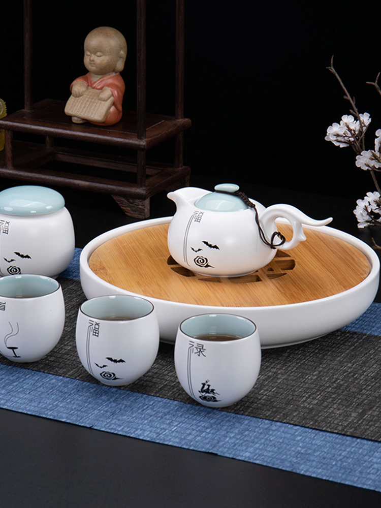 Ronkin Japanese household of a complete set of inferior smooth kung fu tea set suit I and contracted white porcelain teapot tea cup