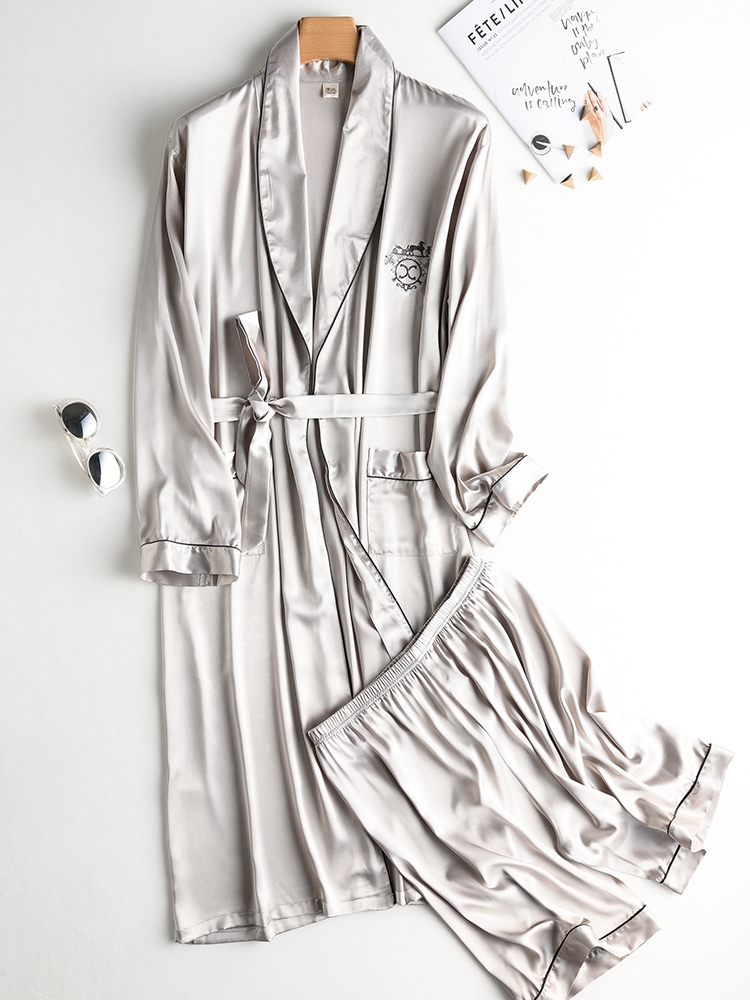 Men's spring and autumn ice silk long-sleeved robe suit summer thin section simulation silk pajamas men's long robe bathrobe