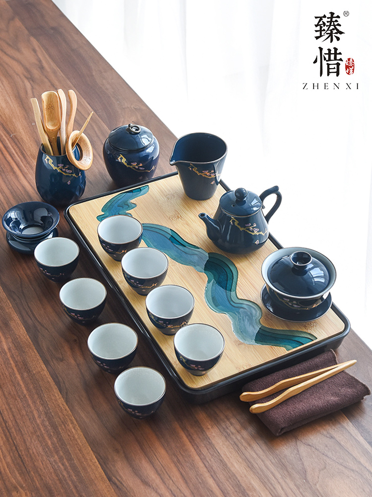 "Precious little ji blue glaze household kung fu tea set contracted tureen ceramic teapot teacup Japanese dry tea tray