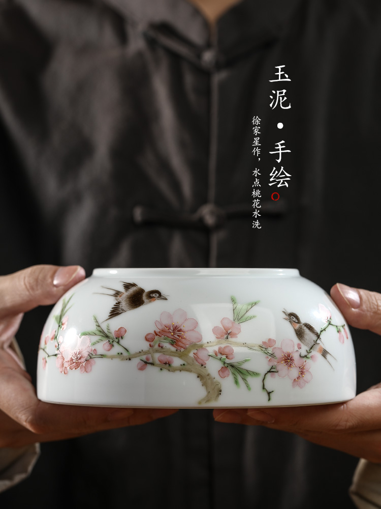 Jingdezhen pure manual hand some peach blossom put tea water wash water building ceramic water home writing brush washer water jar tea machine accessories