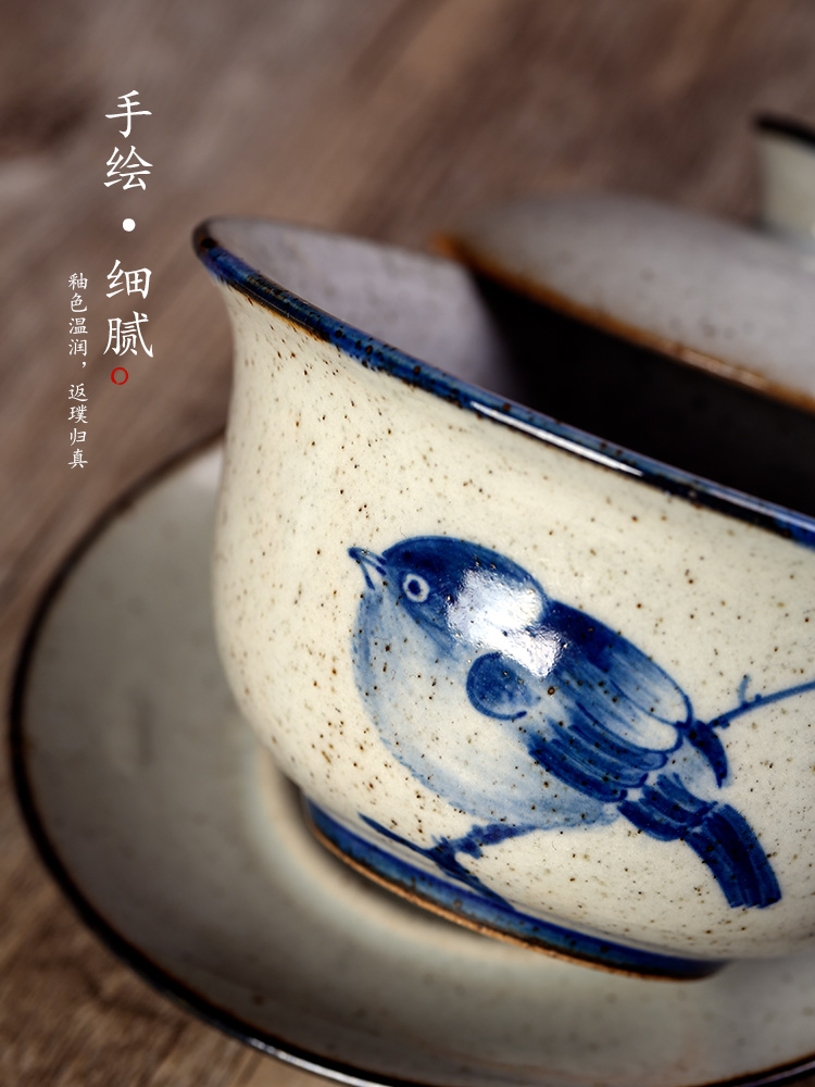 Pure manual jingdezhen blue and white hand made clay riches and honour bird only three tureen kunfu tea tea bowl of tea cup hot woman