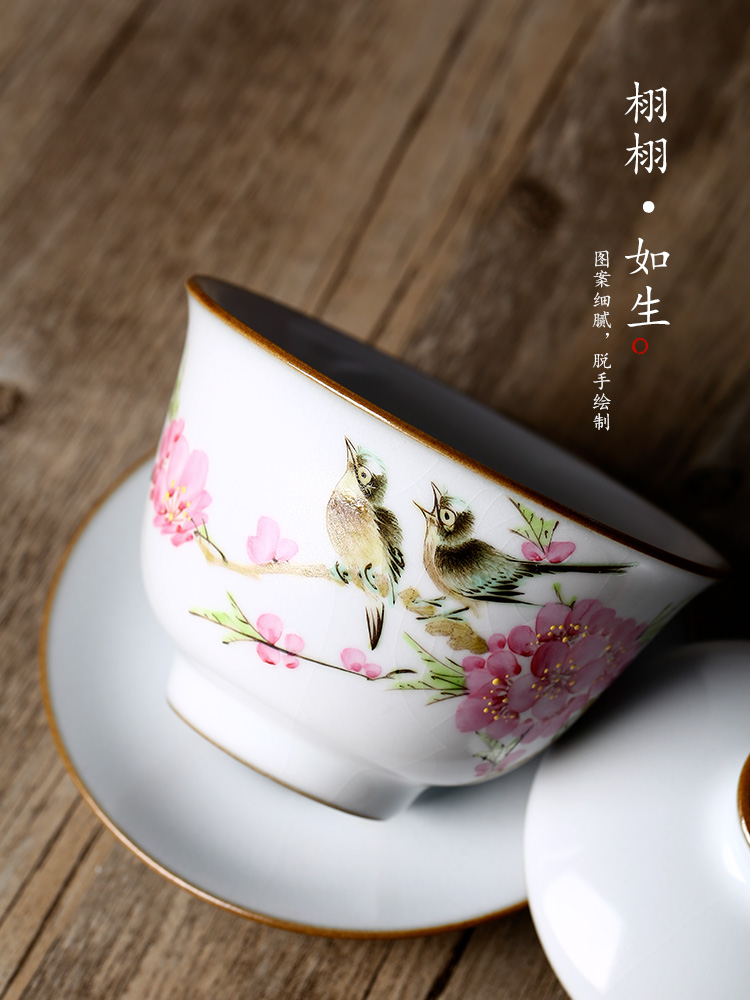 Jingdezhen Xu Jiaxing hand - made peach blossom put water point high - end up with glaze three tureen kung fu tea bowl of tea cups