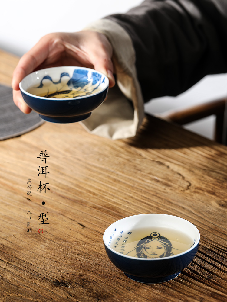 Jingdezhen porcelain masters cup single cup men 's pu' er cup hand - drawn characters color glaze sample tea cup only kung fu tea cups