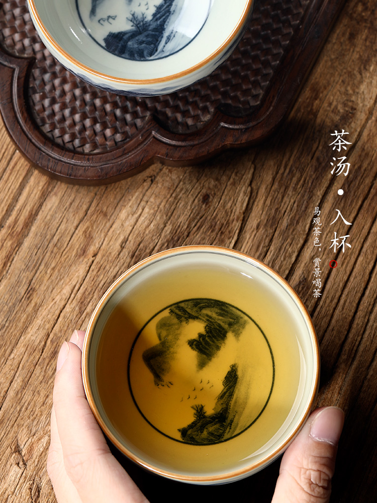 Jingdezhen blue and white ceramic kung fu master cup single cup pure manual teacups hand - made scenery sample tea cup only tea