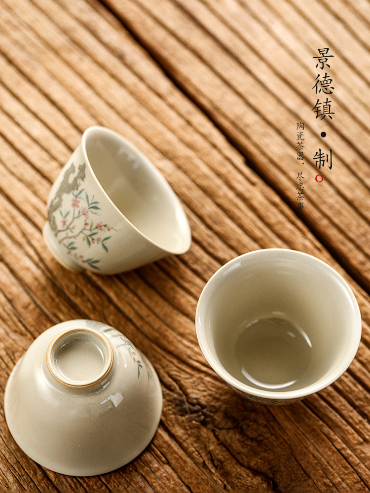 Master kung fu tea cup single cup pure manual jingdezhen hand - made sample tea cup single plant ash glaze peach blossom put to use