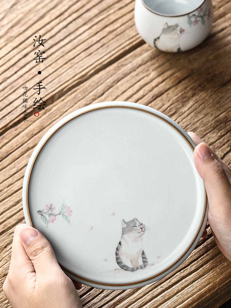 Hand draw your up pot of bearing dry Taiwan jingdezhen checking tea ceramic cat teacup pad open a piece of tea table accessories