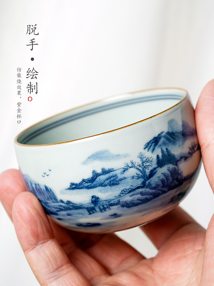 Jingdezhen blue and white master cup of pure manual hand - made ceramic sample tea cup single cup large landscape kung fu tea cups