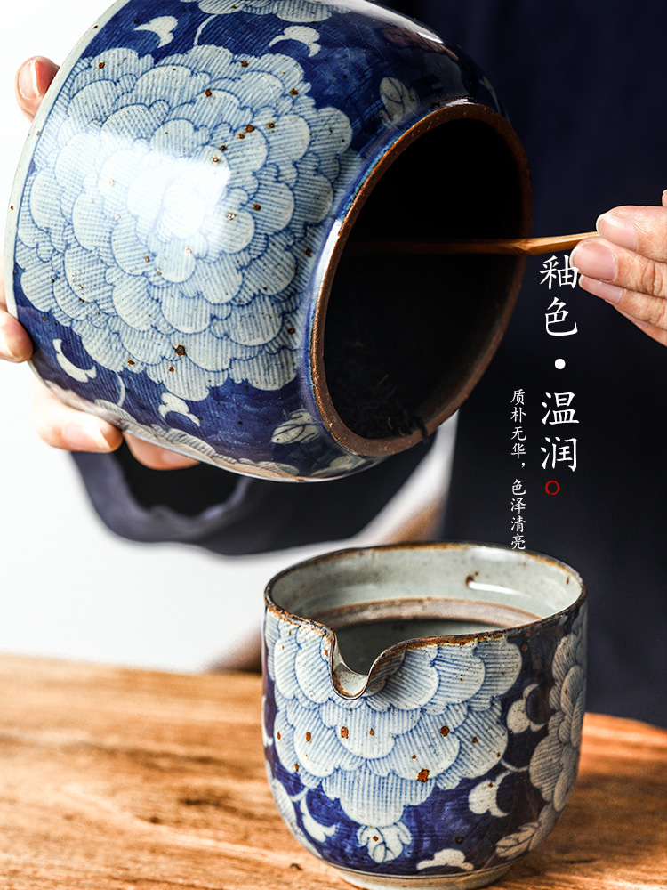 Caddy fixings large jingdezhen blue and white ceramic seal tank pure manual hand - made home peony tea storage tanks