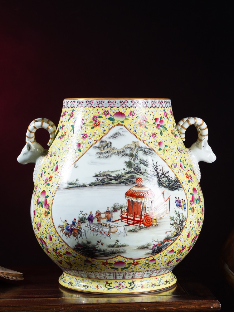 Jia lage jingdezhen ceramic vase YangShiQi court enamel and name of branch window character landscape sheep statute