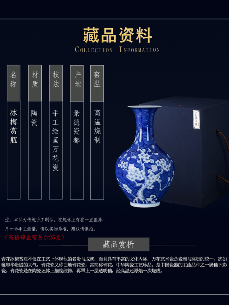 The New Chinese blue and white porcelain of jingdezhen ceramic flower arranging ice name plum bottle decoration place to live in the sitting room porcelain arts and crafts