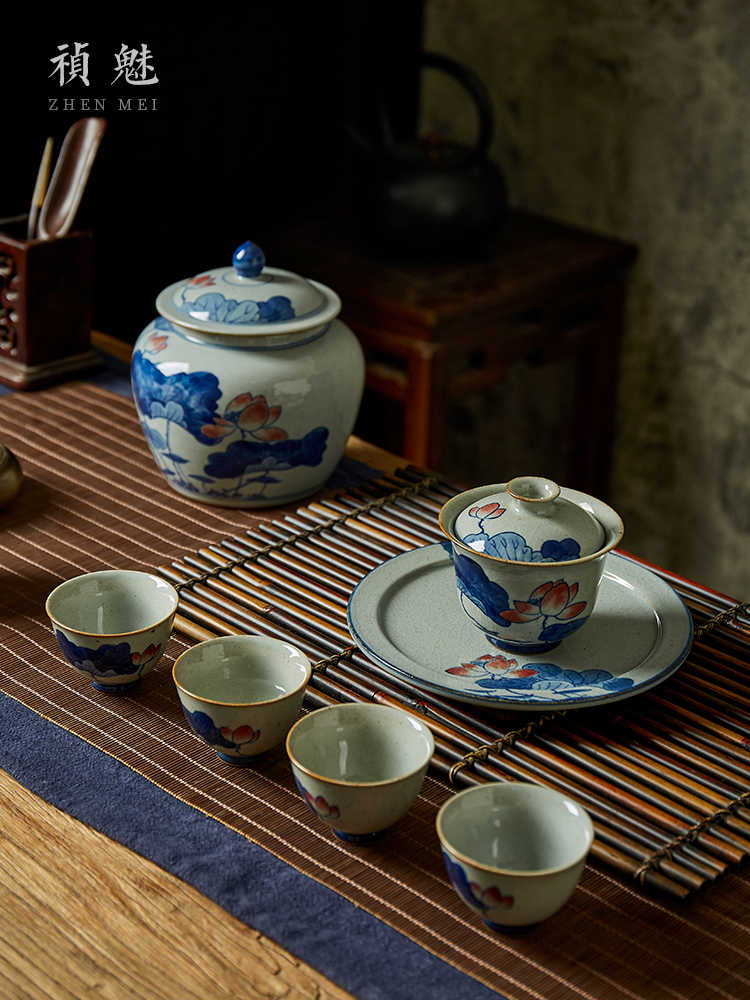 Shot incarnate the ceramics jingdezhen blue and white hand draw three just tureen tea cups kung fu tea tea bowl cover cup