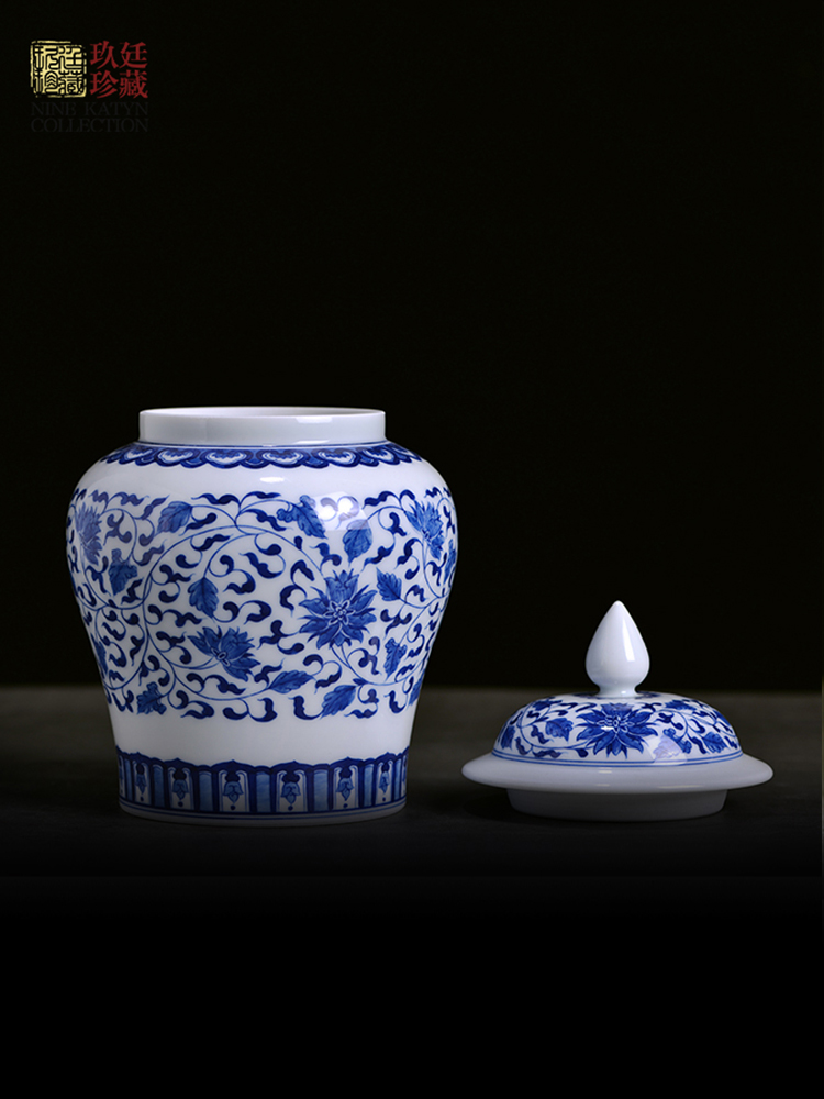 Jingdezhen hand - made blue large pot tea urn checking ceramic tea pot store fermented tea furnishing articles