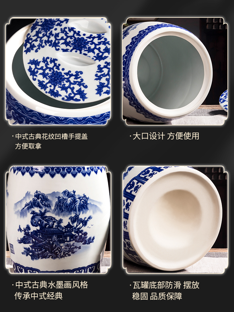 Jingdezhen ceramic barrel rice bucket 50 jins home 20 jins of blue and white porcelain with cover seal insect - resistant moistureproof tank