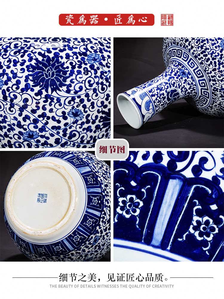 Jingdezhen blue and white porcelain vase antique hand - made ceramics bound branch lotus new Chinese style household rich ancient frame is placed in the living room