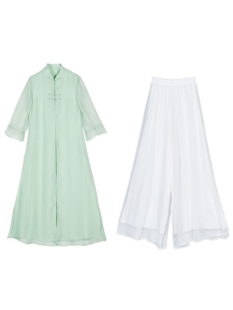 Summer Zen tea service literary retro Hanfu female suit Chinese style ethnic improved cheongsam two-piece dress
