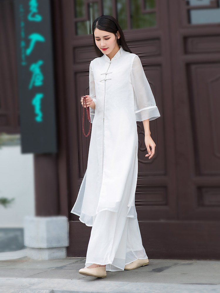 Summer Zen tea service literary retro Hanfu female suit Chinese style ethnic improved cheongsam two-piece dress