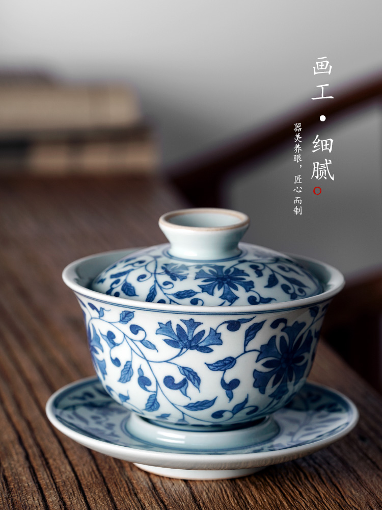 Jingdezhen porcelain hand - made bound branch lotus three to prevent iron antique cups of tea tureen tea tea kungfu is large