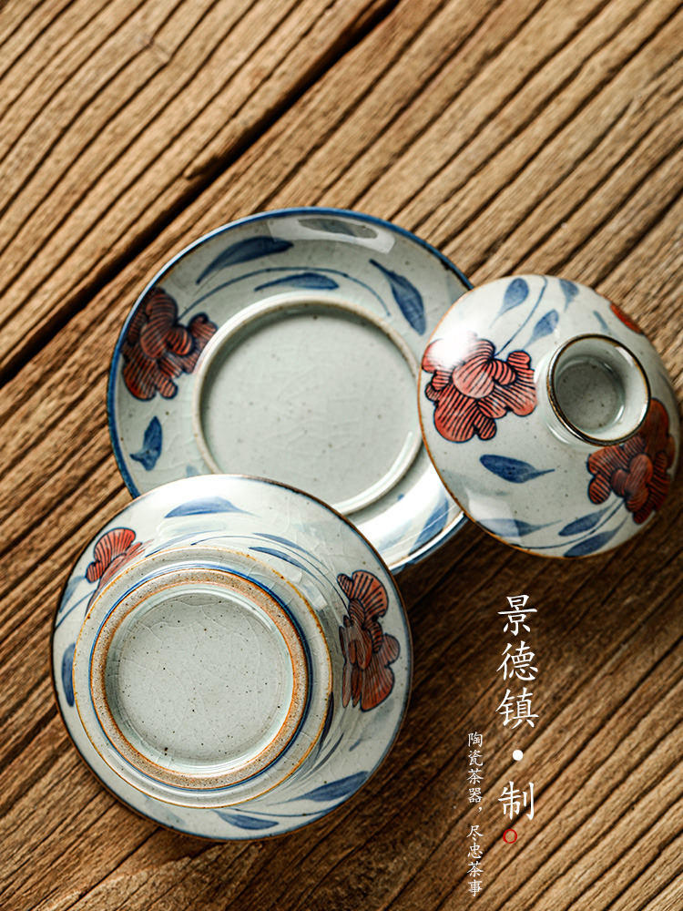 Jingdezhen blue and white pure manual only three tureen kung fu tea bowl of hot upset prevention hand - made ginkgo biloba tea set