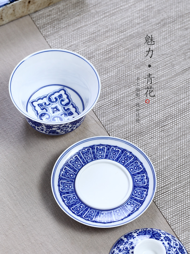 Jingdezhen blue and white hand - made bound branch lotus kunfu tea heavy point work three to tureen tea hot large tea set